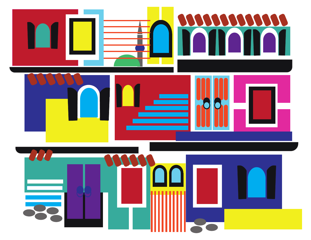 Colorful houses and buildings assembled from geometric paper shapes.