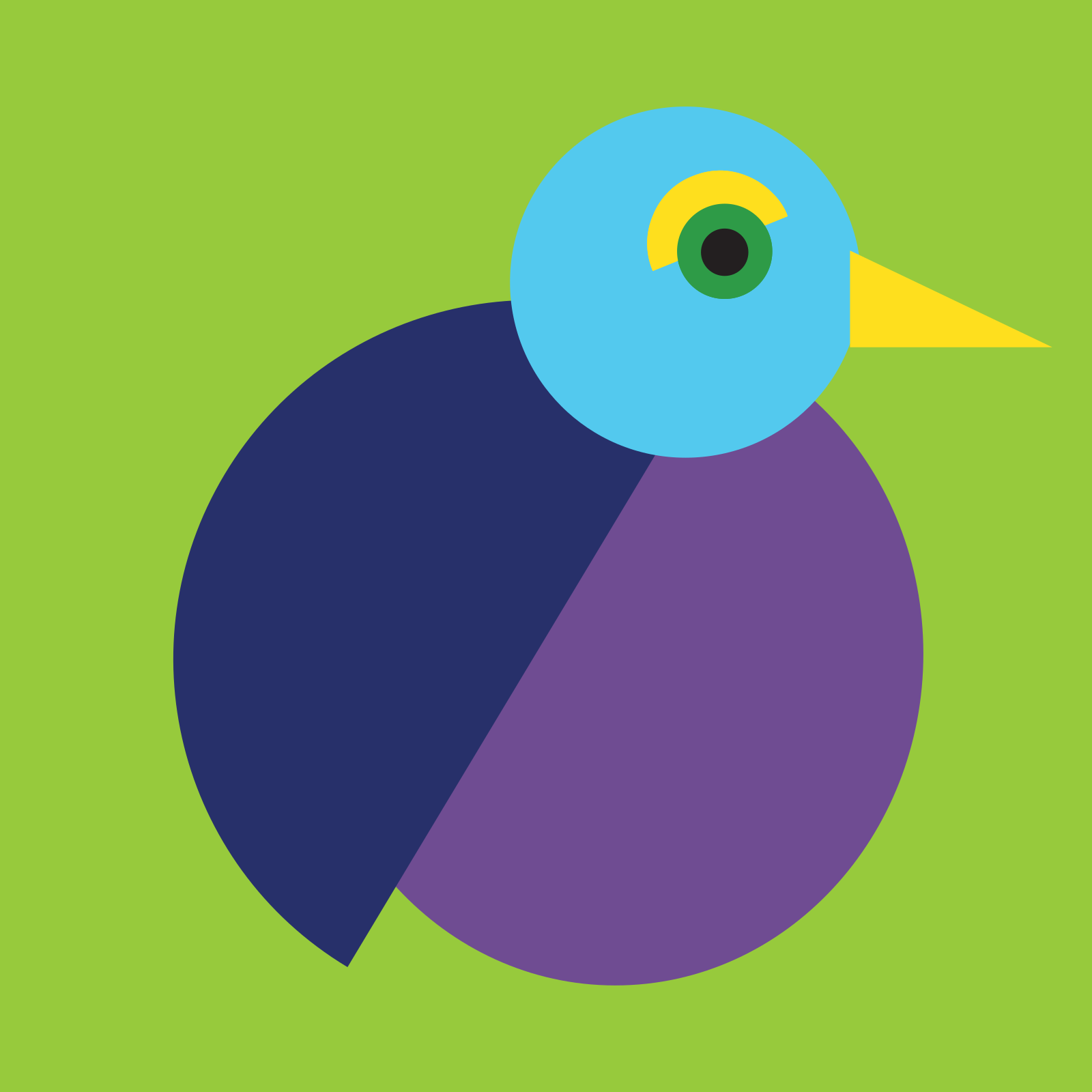 A blue, purple and yellow paper bird on a green background.