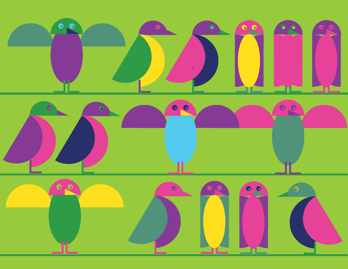 Rows of purple, green and orange birds on a lime green background.