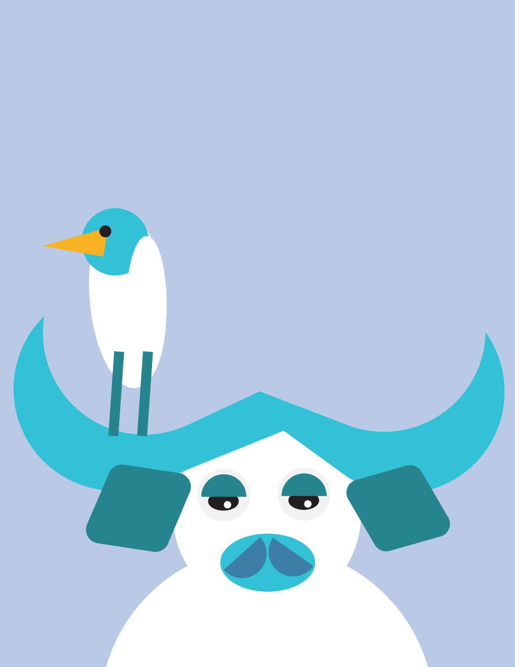 A white and blue horned animal with a small bird perched above it.