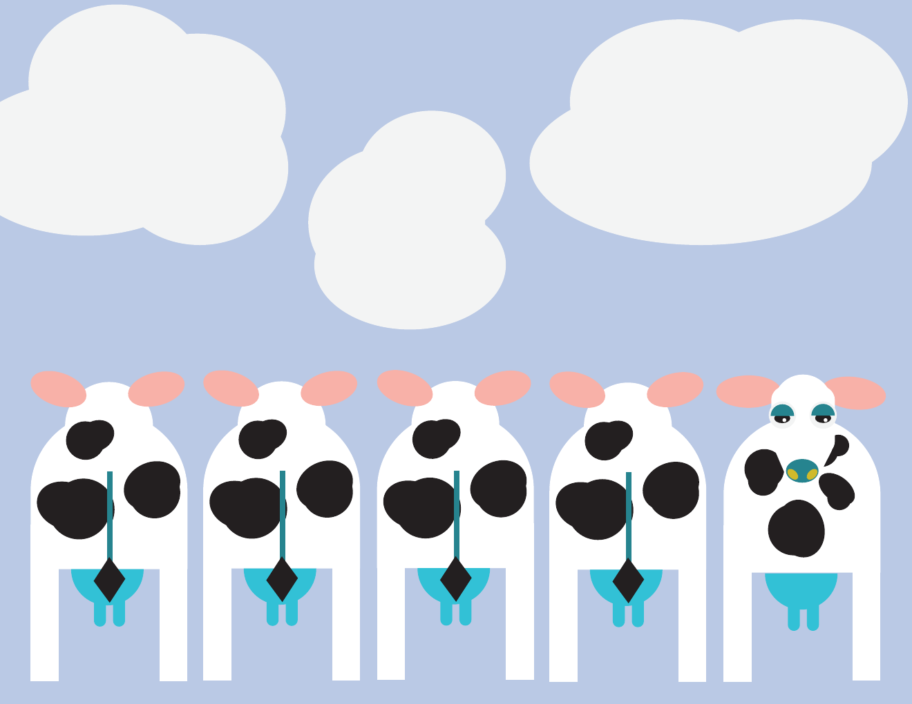 A row of white cows beneath pale clouds in a blue sky.