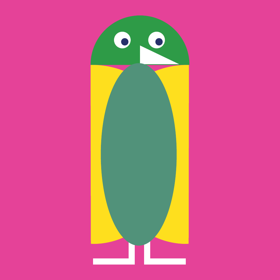 A green, yellow and white owl on a bright pink background.