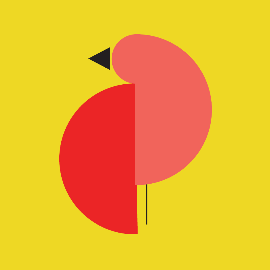 A red and coral bird in profile on a yellow background.